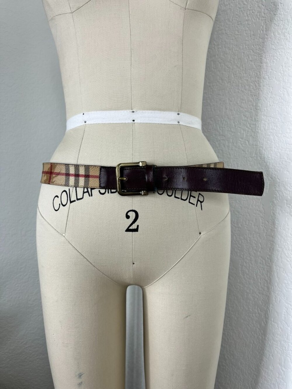 Burberry Haymarket Nova Check Pattern Plaid Belt Brass Buckle